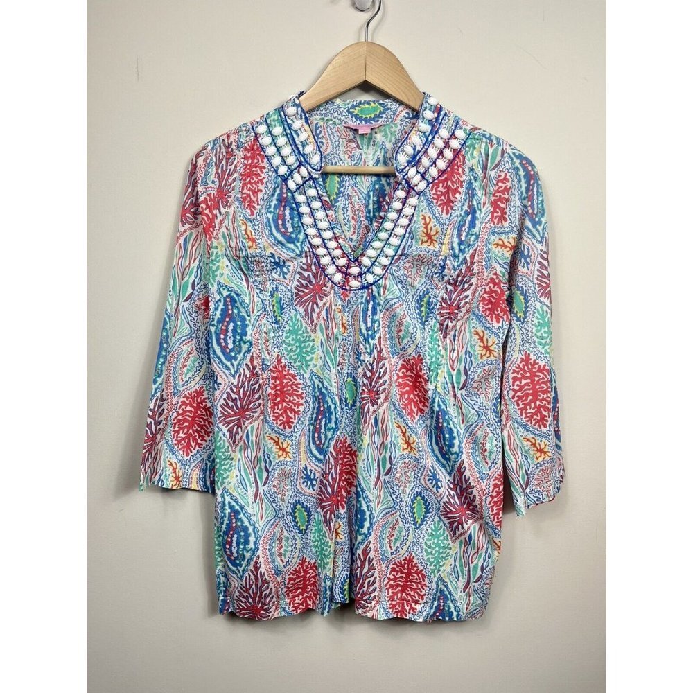 Lilly Pulitzer Womens Blouse Small Blue Sarasota Tunic Let Minnow Beaded Coral